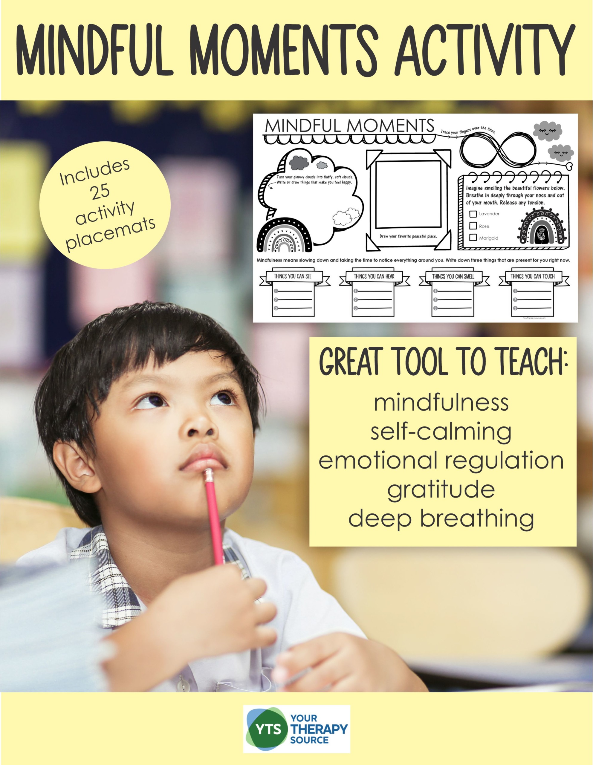This bulk pack of 25 large mindfulness activities for kids placemats are ready to go! Super easy lesson to teach your class about mindfulness.