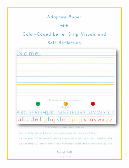 This Adaptive Handwriting Paper with Self Reflection and Color-Coded Letter Strip Visuals includes ready-to-go templates to practice handwriting.