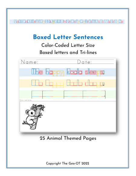The Boxed Letter Sentences Animal Theme Packet includes 25 pages of handwriting practice. Created by an OT