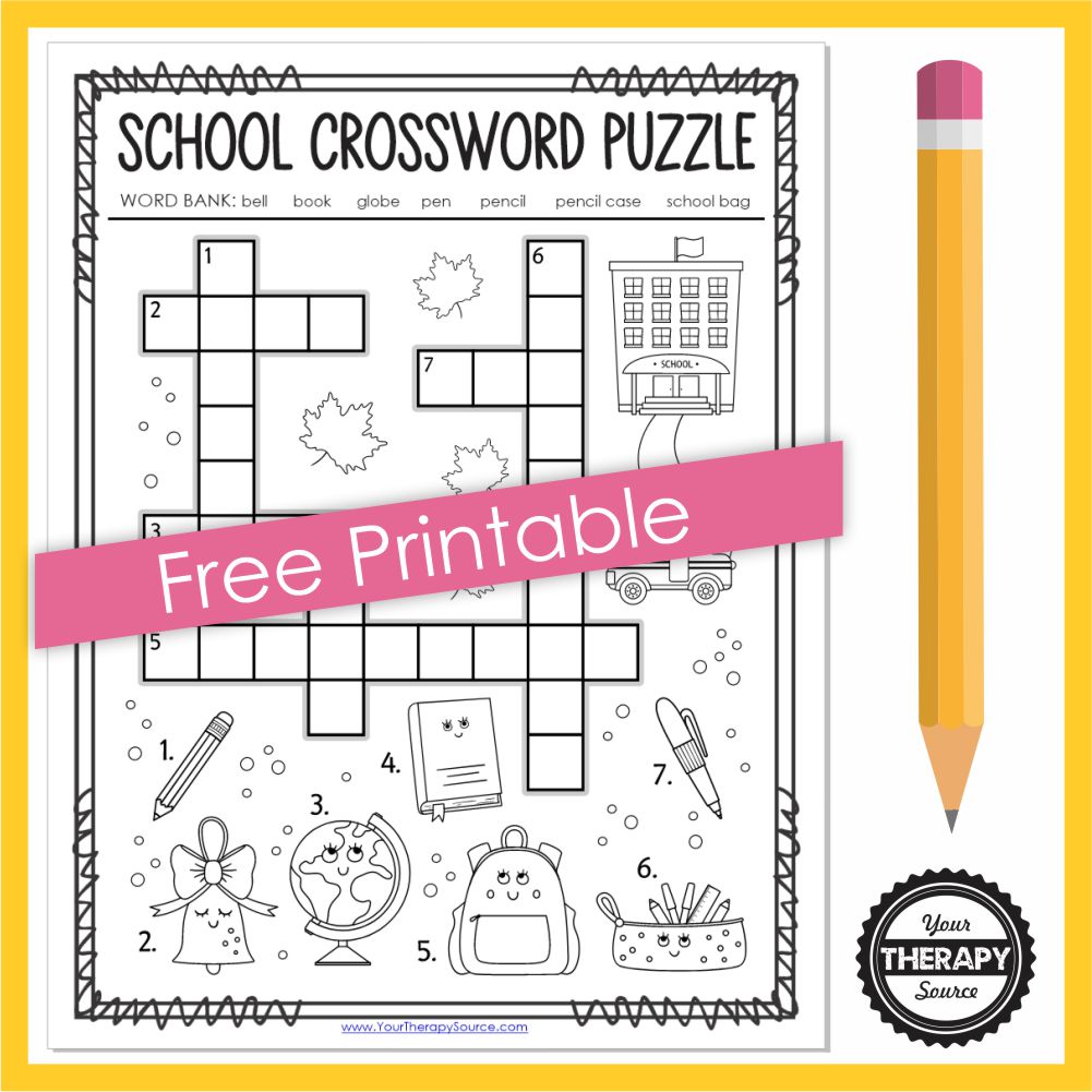 Try this school crossword puzzle for kids to solve and color. Download your free copy from Your Therapy Source.
