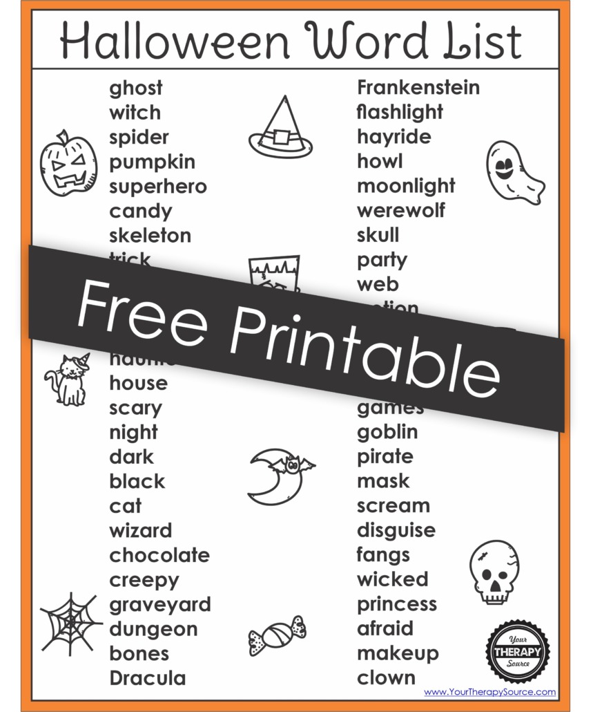 Halloween Word List Printable FREE from Your Therapy Source