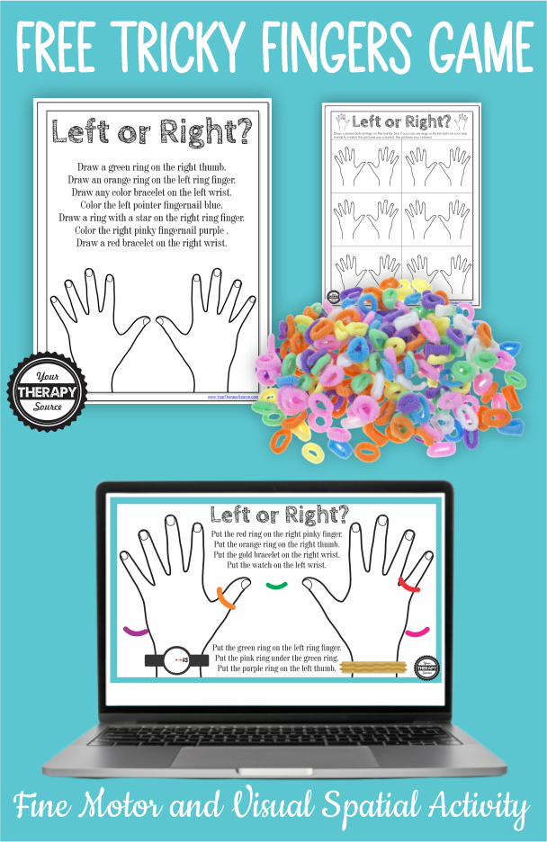 practice right and left discrimination, visual-spatial skills, and fine motor skills with FREE Tricky Fingers PDF from Your Therapy Source