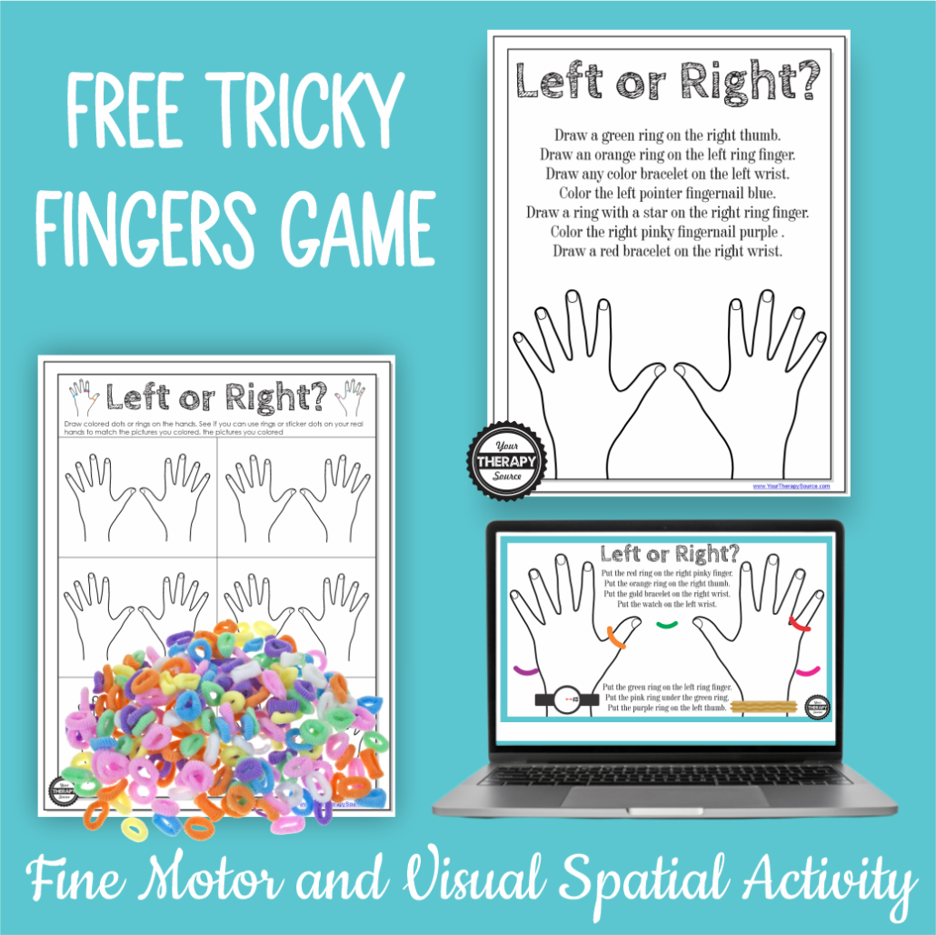 practice right and left discrimination, visual-spatial skills, and fine motor skills with FREE Tricky Fingers PDF from Your Therapy Source