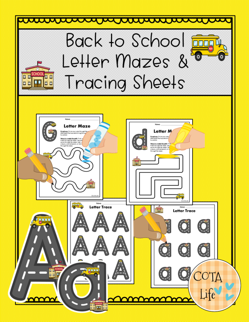 Yellow Picture of the Cover of School Theme Tracing and Mazes packet