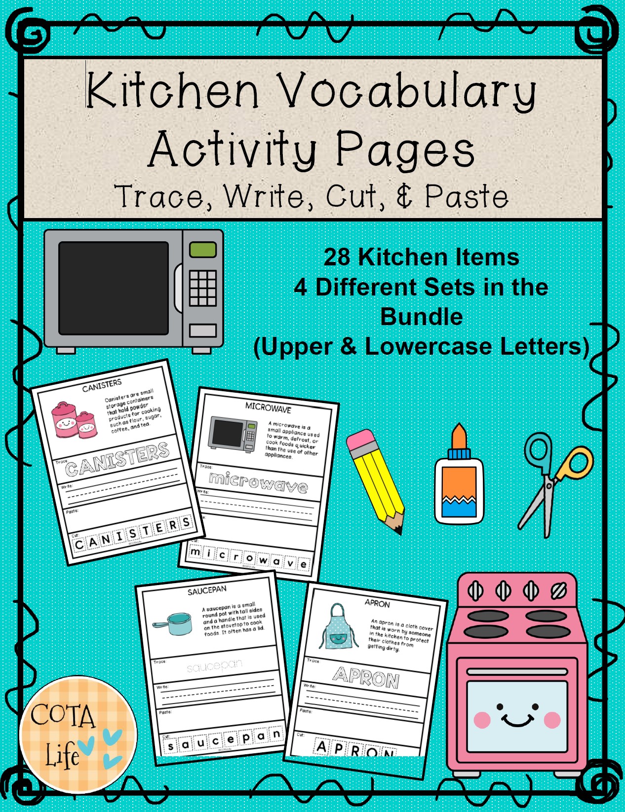 Check out this Kitchen Vocabulary Packet! Created by a COTA, this 229-page PDF includes one word to trace, color, cut, and paste.