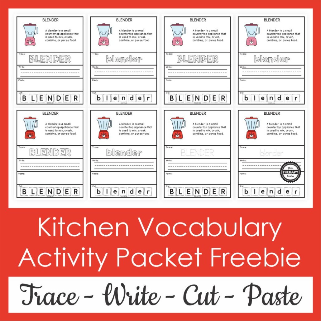 Check out this kitchen vocabulary worksheet freebie to practice handwriting and fine motor skills. Free from Your Therapy Source.