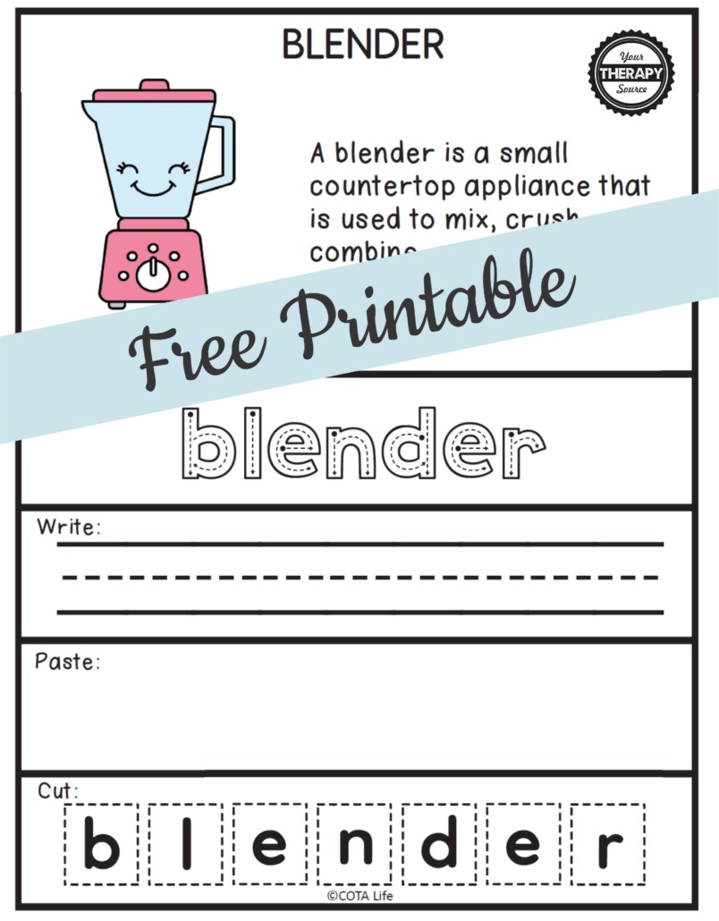 Check out this kitchen vocabulary worksheet freebie to practice handwriting and fine motor skills. Free from Your Therapy Source.