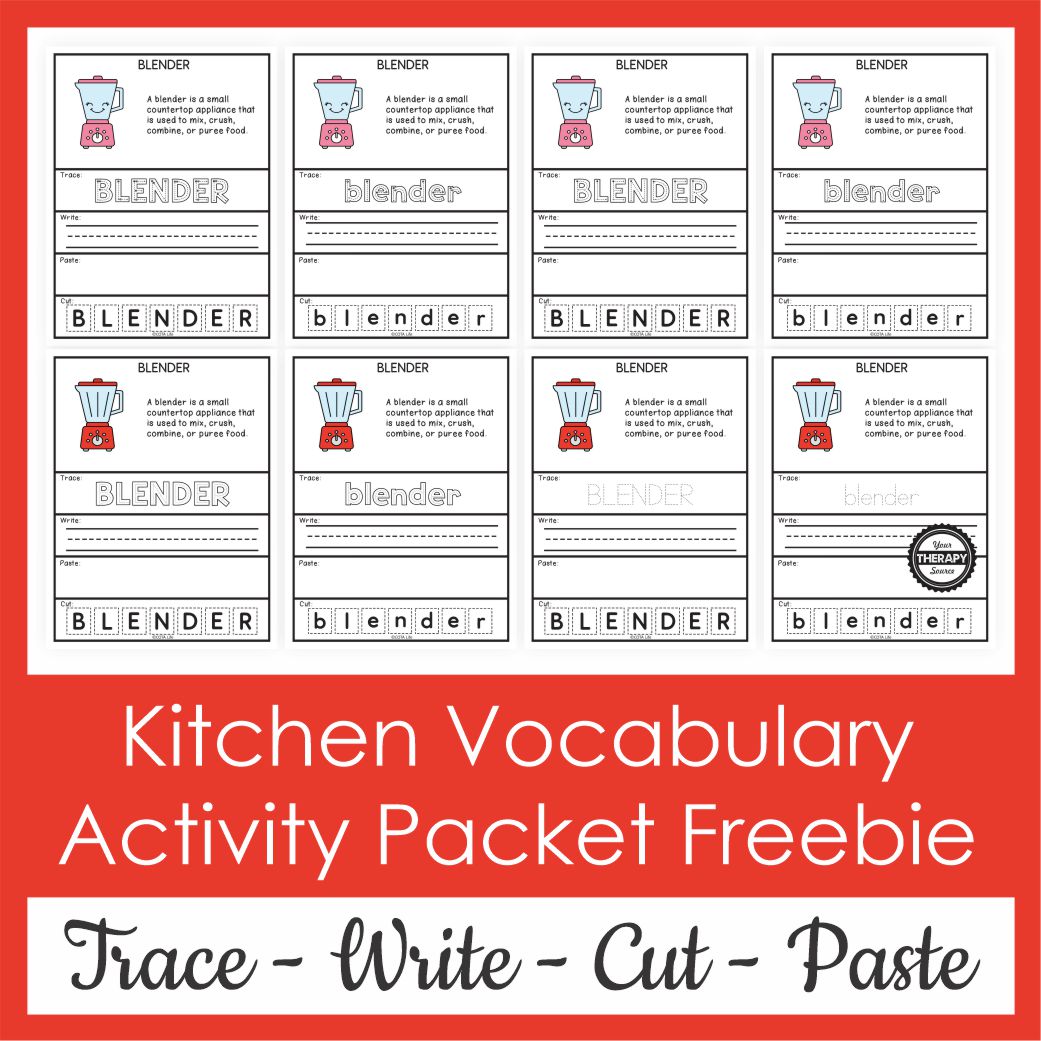Check out this kitchen vocabulary worksheet freebie to practice handwriting and fine motor skills. Free from Your Therapy Source.