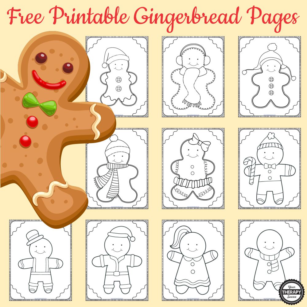 These 10 free gingerbread man coloring pages are perfect for the classroom or at home. Get your free copy from Your Therapy Source.