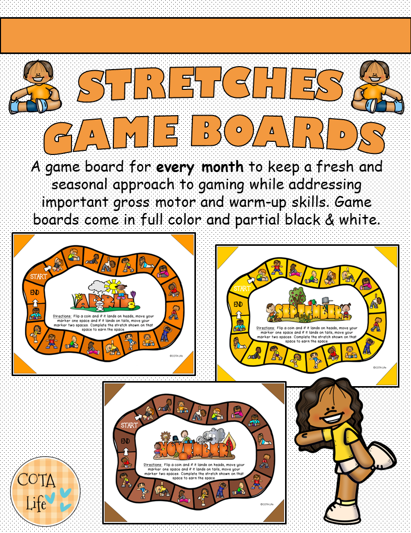 The Stretching Board Game packet includes 12 no-prep game boards to encourage flexibility, gross motor skills, coordination, and more!