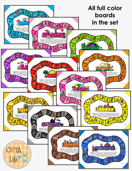 The Stretching Board Game packet includes 12 no-prep game boards to encourage flexibility, gross motor skills, coordination, and more!
