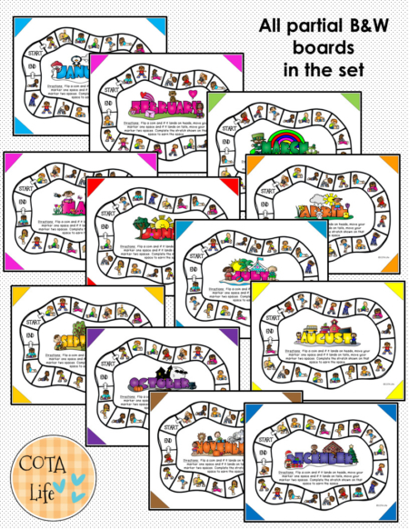 The Stretching Board Game packet includes 12 no-prep game boards to encourage flexibility, gross motor skills, coordination, and more!