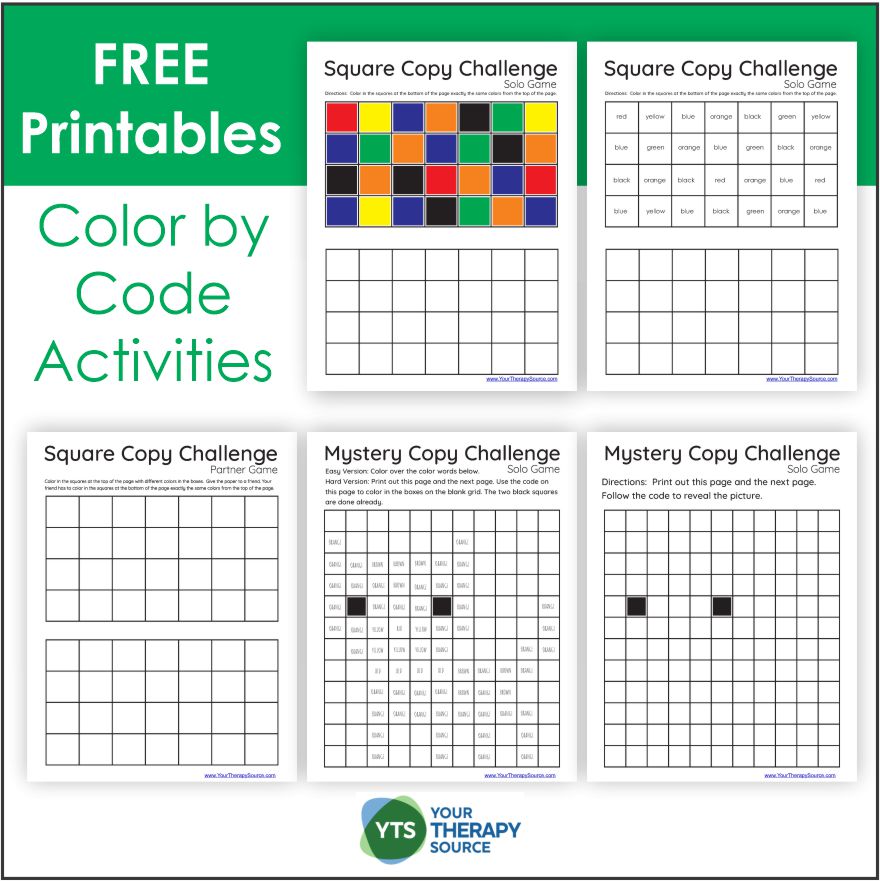 This is a super fun challenge for your students. Try this color by code worksheets PDF packet to encourage visual spatial and visual motor skills.