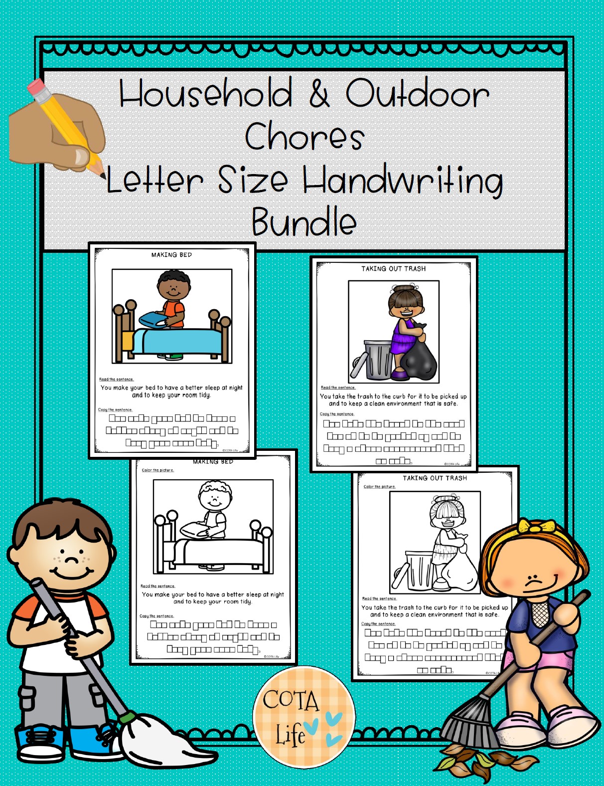 Common Household & Outdoor Chores for Kids Handwriting Booklet Bundle includes two handwriting books that address letter and word sizing.
