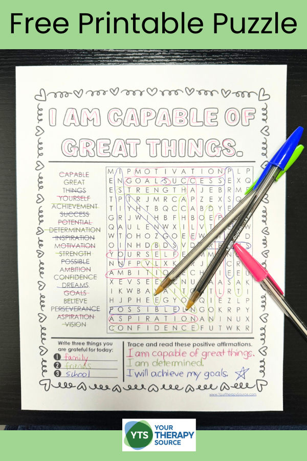 Free Printable Affirmations Word Search puzzle - example of the complete puzzle